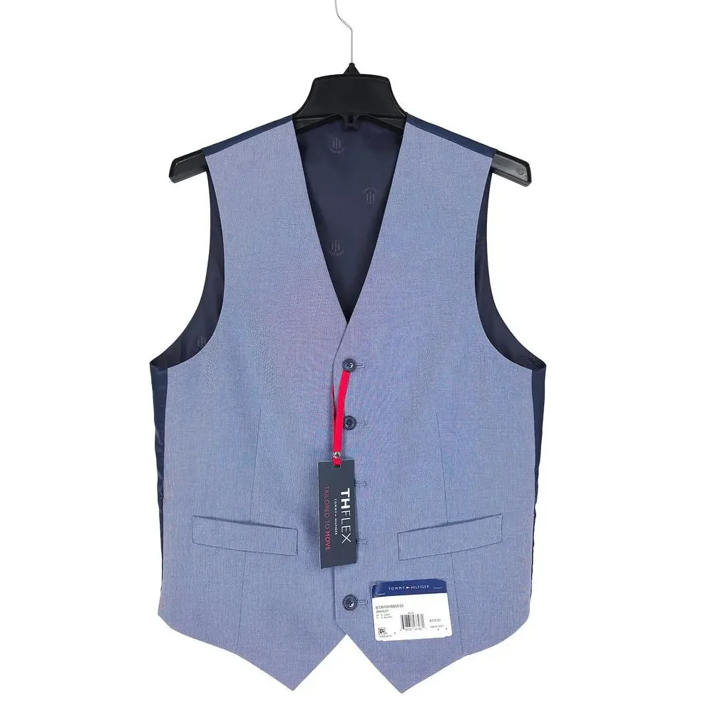 Tommy Hilfiger Mens Modern Fit Suit Vest Sz Small Blue Stretch Cotton Chambray